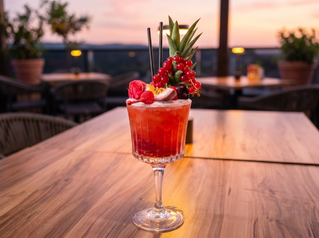 Cóctel de la casa al atardecer en la terraza de Puerto Rico, Magaluf