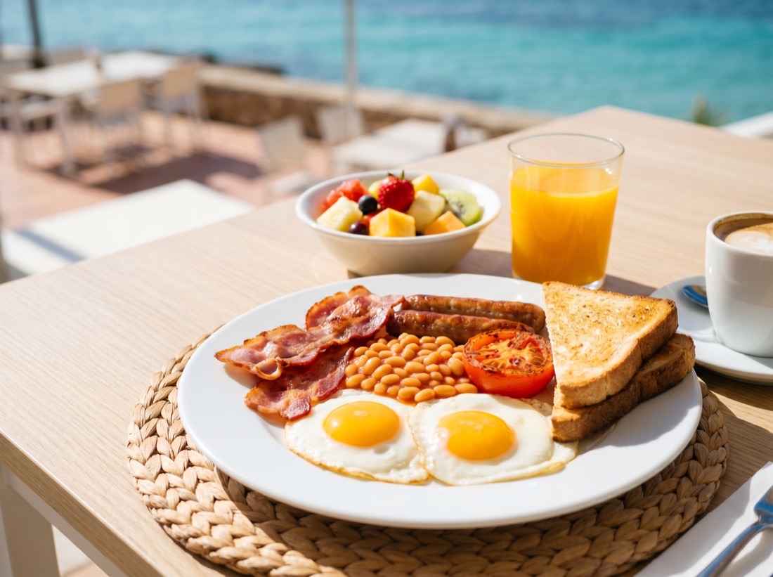 Desayuno inglés con huevos, bacon y fruta en la terraza de Puerto Rico, Magaluf