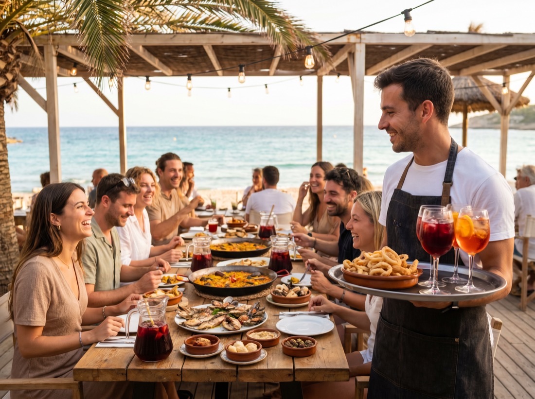 Mesa para compartir con fritura y sangría en la terraza de Puerto Rico